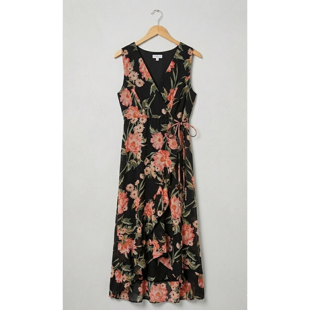 Luxology Black Floral High Low Faux Wrap Dress Lurex Shimmer Womens Large L New